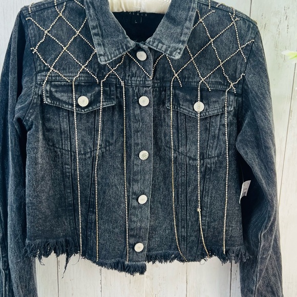 Thrill Jeans Y2K Women's Dark Gray Rhinestone Tassels Cropped Denim Jacket Large - Picture 8 of 15